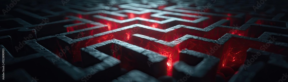 Poster Brain and emotion including fear and mental balance concept. Abstract maze design with glowing red lines and dark background.