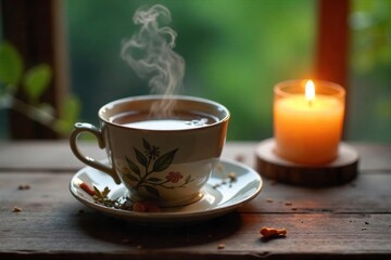A steaming mug of herbal tea sits on a rustic wooden table next to a lit candle, creating a tranquil and calming atmosphere perfect for unwinding after a long day , still life, natural