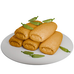 3D illustration of Indonesian risol, crispy fried rolls served on a plate with fresh green chili. A delicious savory snack