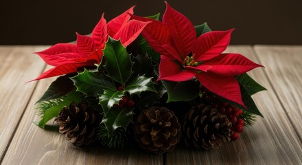 Festive arrangement of poinsettias, holly, and pine cones.