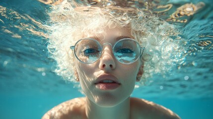 Fototapeta premium Woman with platinum blonde curly hair and glasses submerged in clear water enjoying a serene moment