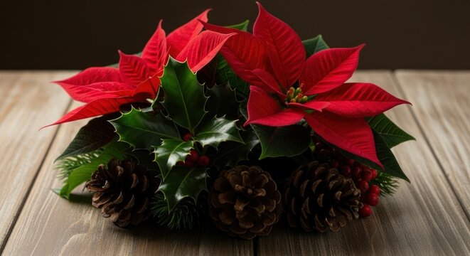 Festive arrangement of poinsettias, holly, and pine cones.