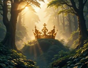 Una corona dorada en medio de un bosque exuberante y vibrante, rodeada de árboles centenarios, con una atmósfera de amanecer