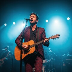 Obraz premium Male Musician Singing and Playing Acoustic Guitar on Stage