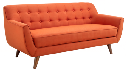 A mid-century modern style sofa with an orange upholstered fabric. It has a tufted backrest with several buttons, clean lines, and tapered wooden legs. The sofa appears to be a two-seater or loveseat.