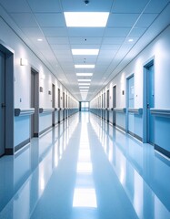 Obraz premium Bright modern hospital corridor with blue doors and reflective floo
