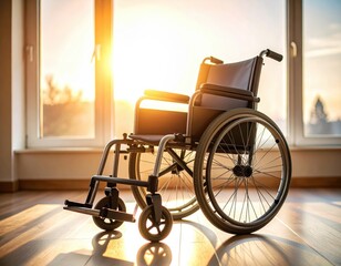 Wheelchair positioned near window with sunlight shining into bright room at sunrise