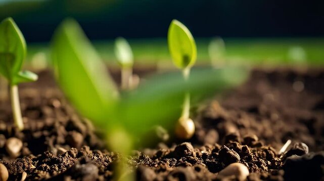Close-up of young green plant seedlings emerging from dark brown soil in a field under sunlight, signifying new life