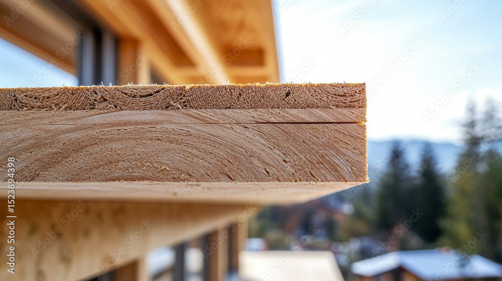 Poster close-up view of cross-laminated timber showcasing detailed wood grain texture in a natural setting