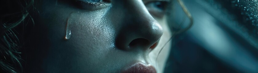 Fototapeta premium Mental clarity on self recovery and peace balance concept. A close-up of a tearful face expressing deep emotion and vulnerability.