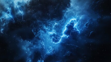 Fototapeta premium Electric Storm Fury: A dramatic and powerful image of a lightning storm raging across the night sky. The vibrant blue lightning bolts illuminate the dark, brooding clouds