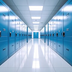 Modern school hallway with blue lockers and bright reflection on glossy floor
