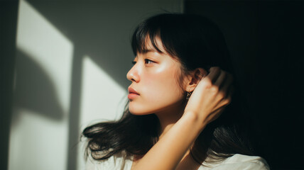 Naklejka premium 自然光に包まれる日本人女性の横顔