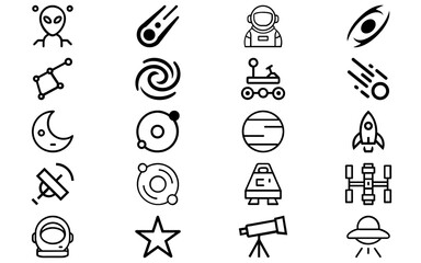 Set of space & astronomy icons vector. Planet, rocket, telescope, satellite, star, moon, galaxy, and astronaut symbol pack   © azad