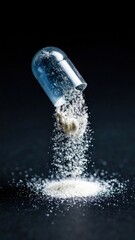 Close-up of a capsule pill spilling powder on a dark background with motion effect