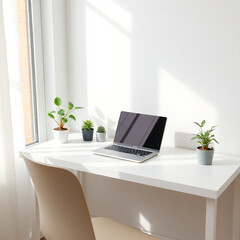 A bright workspace with a laptop and several small potted plants on a white desk near a window created with generated ai