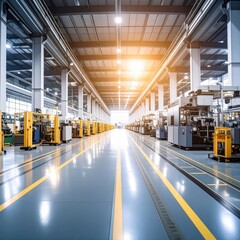 Spacious modern industrial factory interior with high ceilings and manufactu equipment