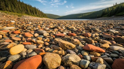 Smooth stones in a variety of colors are scattered across a beautiful beach with rocky formations and a serene blue sky