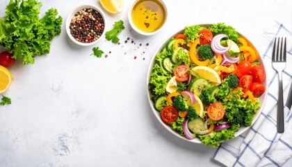 Fresh colorful vegetable salad with cherry tomatoes cucumber and leafy greens on white background