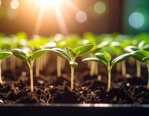Young Green Plant Seedlings Growing in Soil Under Sunlight in a Garden