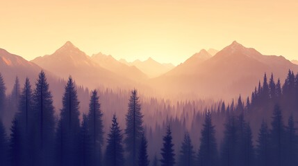 Obraz premium Misty Mountain Forest at Sunset: Serene Landscape