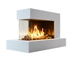 Modern fireplace design with glass and wood logs for cozy ambiance on a transparent background, cut out