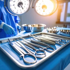 Surgical Instruments Set on Hospital Tray in Surgery Room with Lights