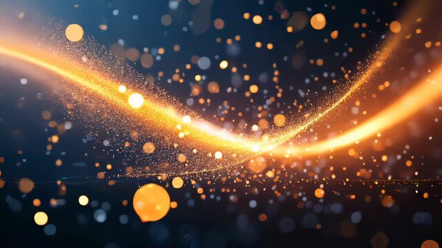 Dynamic abstract orange light wave with scattered particles on dark background.
