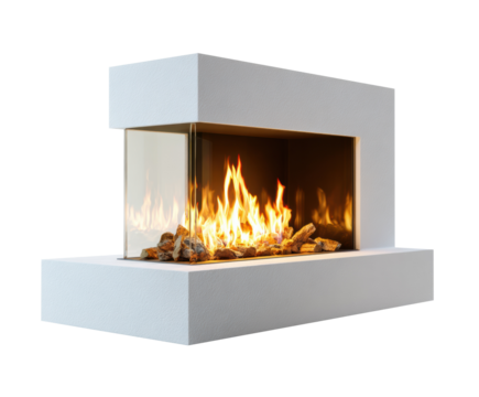Modern fireplace design with glass and wood logs for cozy ambiance on a transparent background, cut out - Powered by Adobe