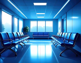 Modern Blue Waiting Room with Rows of Chairs and Large Window in Office Space