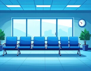 Modern hospital waiting room with blue chairs large and indoor plants
