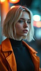 Naklejka premium Stylish woman with blonde hair in an orange coat