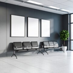 Modern Hospital Waiting Area with Black Chairs Large and Green Plant