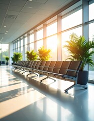 Bright modern airport terminal interior with large and comfortable seating
