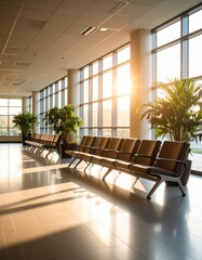 Bright spacious airport waiting area with large and natural sunlight