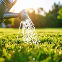 Gardening Wate Can Spraying Water on Green Grass in Bright Sunlight