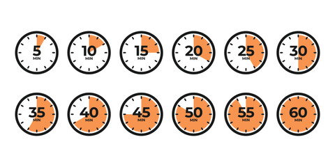 Timer, clock, stopwatch set icons isolated on white background. Vector illustration.