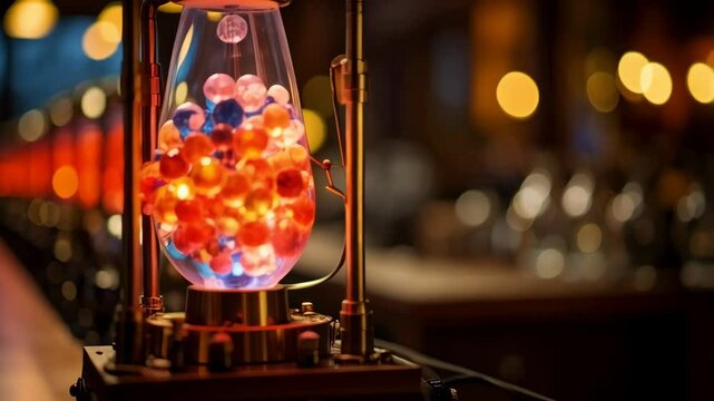 Steampunk style lamp with metal framework and glowing sphere filled with colorful orbs standing on a wooden bar top with other lamps