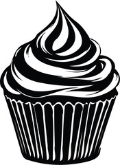 black solid silhouette: delicate cupcake with single swirl, isolated on pure white, simple dessert icon, high commercial demand.