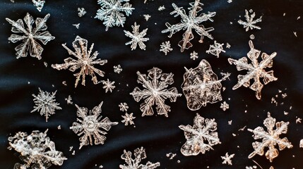 A Close-Up View of Intricate Ice Crystals on Black Fabric