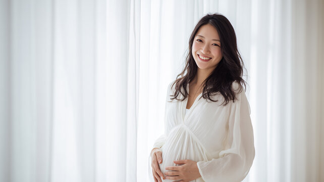 微笑む日本人妊婦の明るい日差し