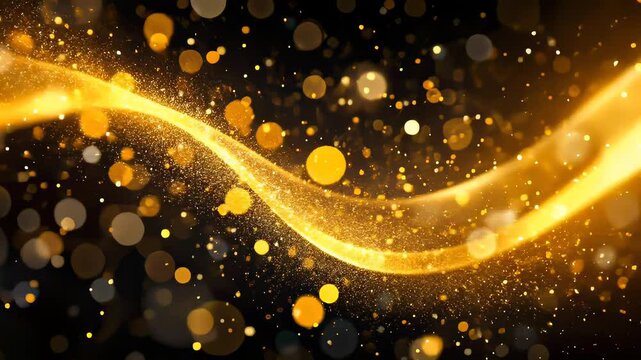 Abstract golden light wave with sparkling bokeh particles on dark background.
