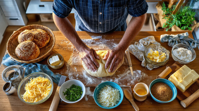 A man is kneading dough on a floured wooden table with bowls of ingredients like cheese, herbs, butter and seeds surrounding him, baking bread at home. - Powered by Adobe