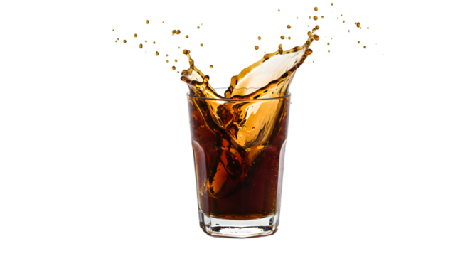 Refreshing cola splash in a faceted glass droplets suspended midair