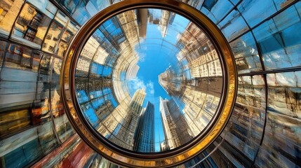 A Circular Reflection of City Skyscrapers Under a Blue Sky