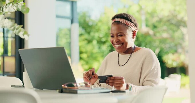 Black woman, credit card and laptop on patio for payment, online promotion and fintech savings in home. Smile, discount and finance for bonus, approval and code for financial app or ecommerce budget