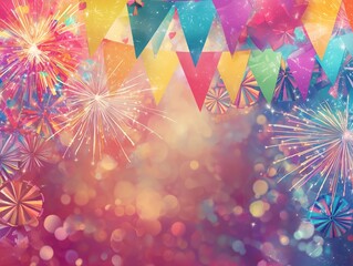 Festive Celebration Background with Glittering Fireworks, Party Banners, and Sparkling Bokeh Lights