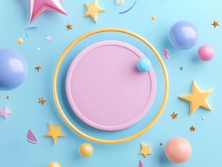 Whimsical 3D Rendered Geometric Shapes Stars and Spheres Floating Around a Central Pedestal with Golden Ring Frame