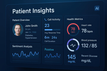 Patient insights dashboard displays healthcare data with call activity and health metrics for patient consultation at tech center