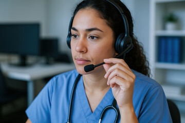 Healthcare professional wearing headset for patient consultation and call support in tech enabled medical center environment